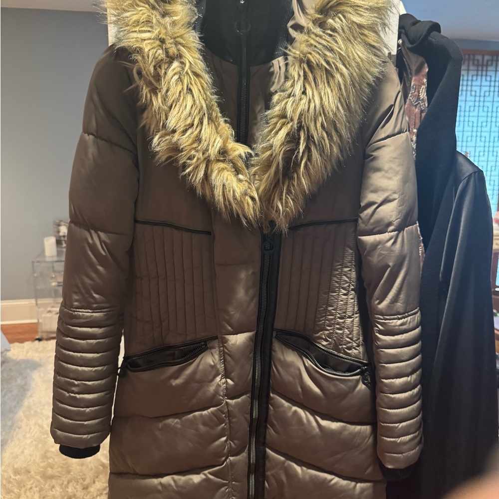Noize Women's Puffer Coat with Faux Fur Trim - Brown